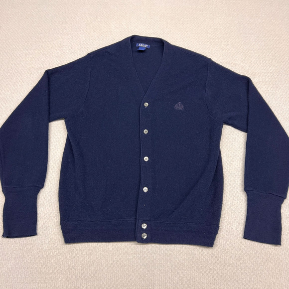 Izod Cardigan Sweater Mens Medium Navy Blue Knit Preppy Classic Golf Made in USA - Picture 1 of 6
